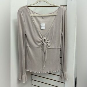 Free People NWT Intimately Cream Metallic Silver Shirt Top Size L Keyhole Front